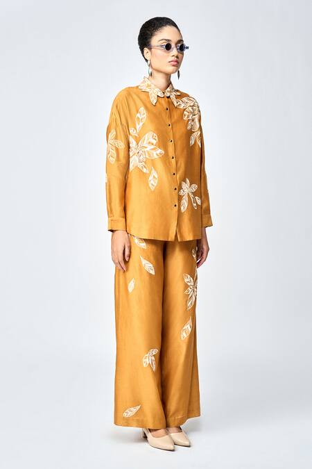 Shahin Mannan Yellow Silk, Chanderi, Chiffon Embroidery Leaf Flared Pant at Aza Fashions Shahin Mannan_Yellow Silk, Chanderi, Chiffon Embroidery Leaf Flared Pant _at_Aza_Fashions