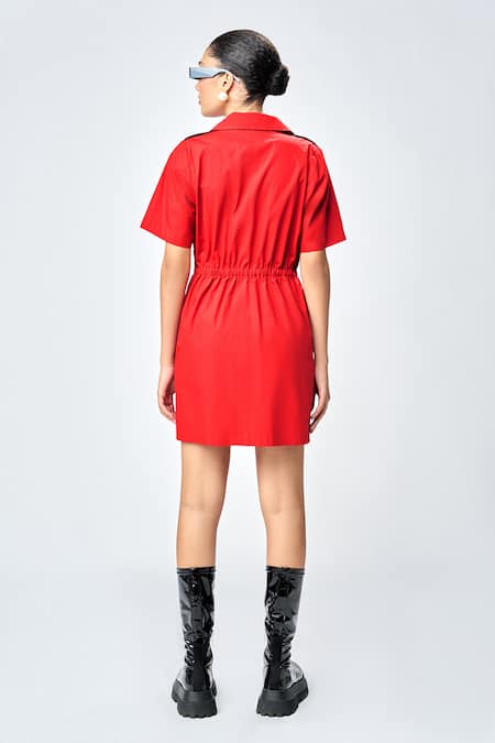 Shop Shahin Mannan Red Poplin Beads, Embroidery Collared Fish Shirt Dress at Aza Fashions Shop_Shahin Mannan_Red Poplin Beads, Embroidery Collared Fish Shirt Dress _at_Aza_Fashions