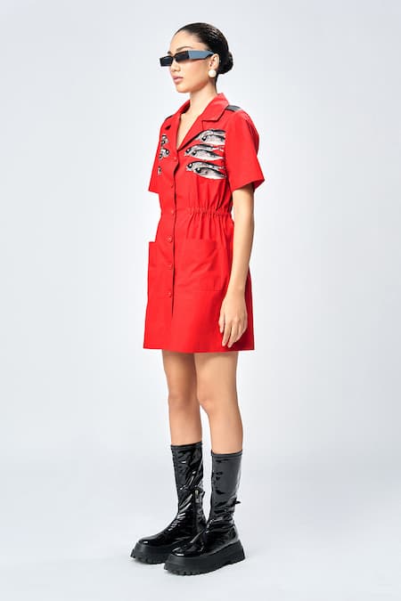 Shahin Mannan Red Poplin Beads, Embroidery Collared Fish Shirt Dress Online at Aza Fashions Shahin Mannan_Red Poplin Beads, Embroidery Collared Fish Shirt Dress _Online_at_Aza_Fashions