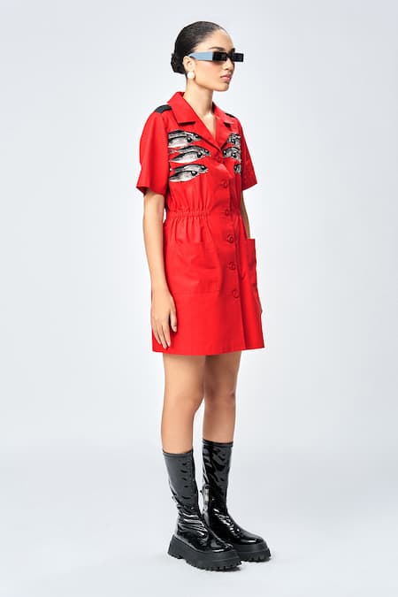 Buy Shahin Mannan Red Poplin Beads, Embroidery Collared Fish Shirt Dress Online at Aza Fashions Buy_Shahin Mannan_Red Poplin Beads, Embroidery Collared Fish Shirt Dress _Online_at_Aza_Fashions