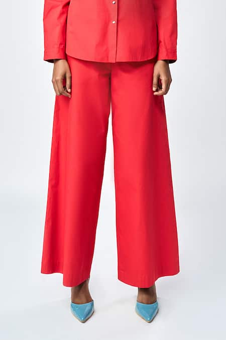Shahin Mannan Red Poplin Embroidery Collared Fish Shirt With Pant Online at Aza Fashions Shahin Mannan_Red Poplin Embroidery Collared Fish Shirt With Pant _Online_at_Aza_Fashions