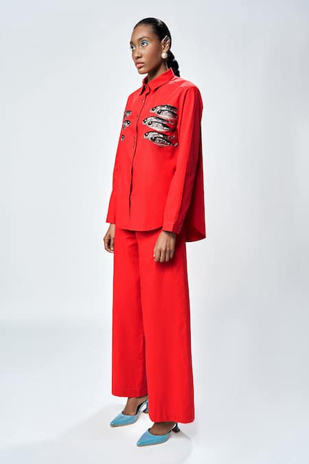 Buy Shahin Mannan Red Poplin Embroidery Collared Fish Shirt With Pant Online at Aza Fashions Buy_Shahin Mannan_Red Poplin Embroidery Collared Fish Shirt With Pant _Online_at_Aza_Fashions
