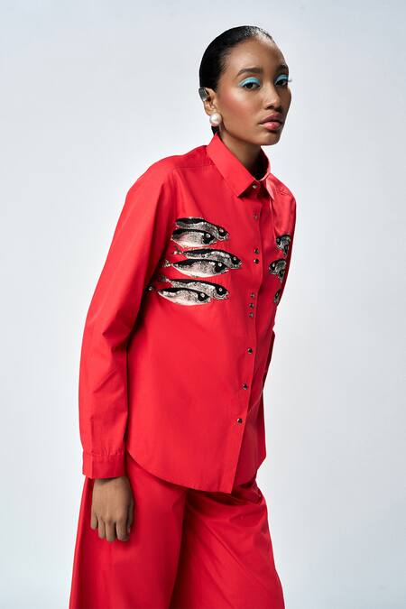 Shahin Mannan Red Poplin Embroidery Collared Fish Shirt With Pant at Aza Fashions Shahin Mannan_Red Poplin Embroidery Collared Fish Shirt With Pant _at_Aza_Fashions