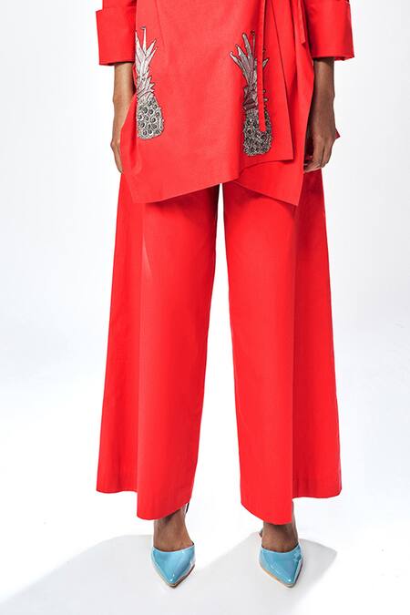 Buy Shahin Mannan Red Cotton, Poplin Beads, Embroidery Collared Pineapple Shirt With Pant Online at Aza Fashions Buy_Shahin Mannan_Red Cotton, Poplin Beads, Embroidery Collared Pineapple Shirt With Pant _Online_at_Aza_Fashions