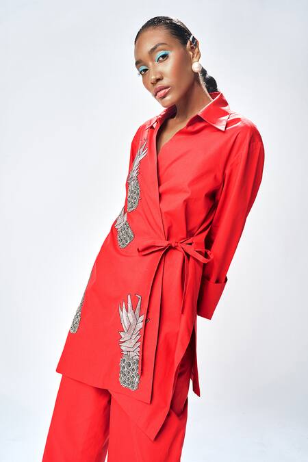 Shahin Mannan Red Cotton, Poplin Beads, Embroidery Collared Pineapple Shirt With Pant at Aza Fashions Shahin Mannan_Red Cotton, Poplin Beads, Embroidery Collared Pineapple Shirt With Pant _at_Aza_Fashions