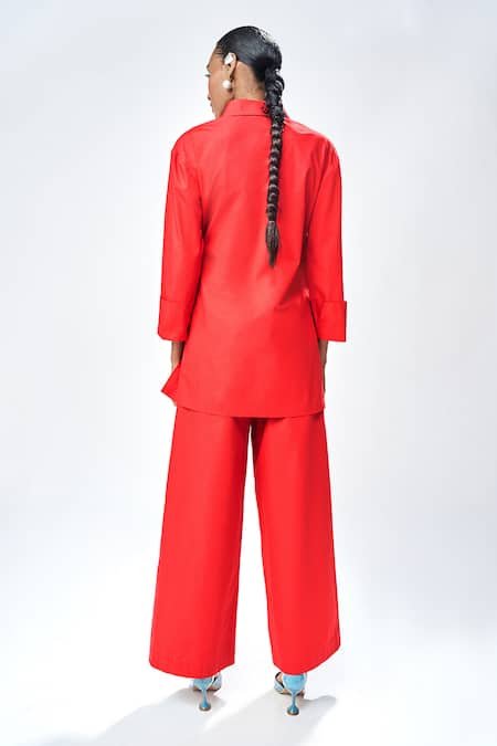 Shop Shahin Mannan Red Poplin Embroidery, Beads Collared Pineapple Shirt at Aza Fashions Shop_Shahin Mannan_Red Poplin Embroidery, Beads Collared Pineapple Shirt _at_Aza_Fashions