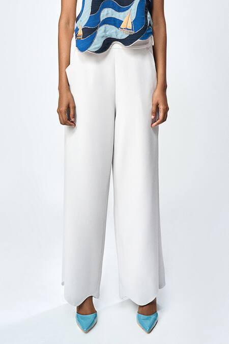 Shahin Mannan Grey Crepe Embroidery, Cut Work Round Neck Wave And Boat Applique Top With Pant Online at Aza Fashions Shahin Mannan_Grey Crepe Embroidery, Cut Work Round Neck Wave And Boat Applique Top With Pant _Online_at_Aza_Fashions