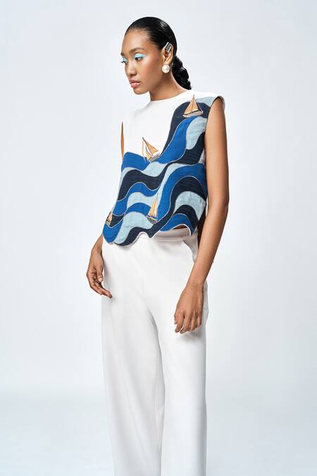 Shop Shahin Mannan Grey Crepe Embroidery, Cut Work Round Neck Wave And Boat Applique Top With Pant Online at Aza Fashions Shop_Shahin Mannan_Grey Crepe Embroidery, Cut Work Round Neck Wave And Boat Applique Top With Pant _Online_at_Aza_Fashions