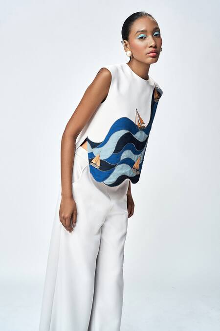 Shahin Mannan Grey Crepe Embroidery, Cut Work Round Neck Wave And Boat Applique Top With Pant at Aza Fashions Shahin Mannan_Grey Crepe Embroidery, Cut Work Round Neck Wave And Boat Applique Top With Pant _at_Aza_Fashions