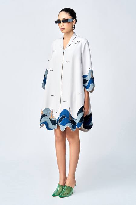 Shahin Mannan_Grey Crepe Applique Shawl Neck Wave And Boat Work Dress _Online_at_Aza_Fashions