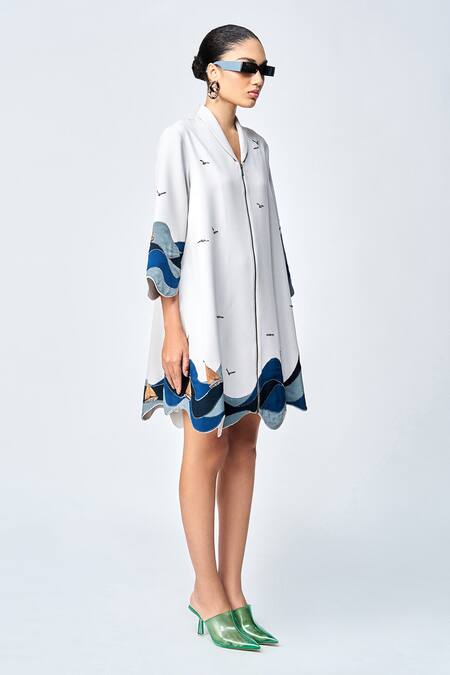 Buy_Shahin Mannan_Grey Crepe Applique Shawl Neck Wave And Boat Work Dress _Online_at_Aza_Fashions