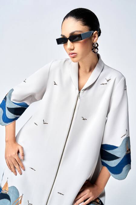 Shop_Shahin Mannan_Grey Crepe Applique Shawl Neck Wave And Boat Work Dress _Online_at_Aza_Fashions