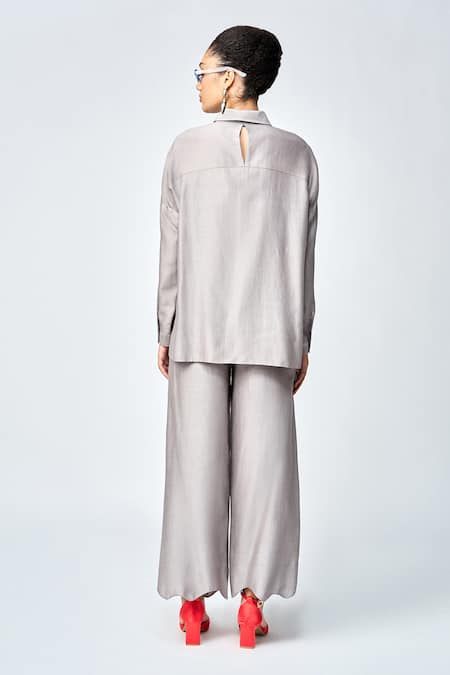 Shop Shahin Mannan Grey Silk, Chanderi Applique Collared Wave And Boat Work Shirt With Pant at Aza Fashions Shop_Shahin Mannan_Grey Silk, Chanderi Applique Collared Wave And Boat Work Shirt With Pant _at_Aza_Fashions