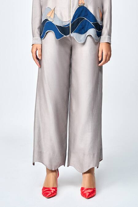 Shahin Mannan Grey Silk, Chanderi Applique Collared Wave And Boat Work Shirt With Pant Online at Aza Fashions Shahin Mannan_Grey Silk, Chanderi Applique Collared Wave And Boat Work Shirt With Pant _Online_at_Aza_Fashions