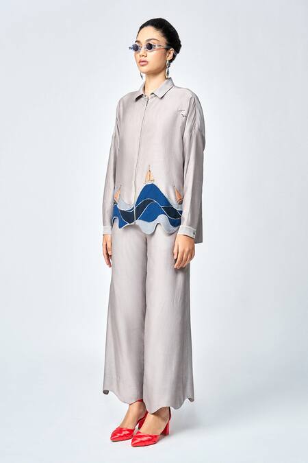 Buy Shahin Mannan Grey Silk, Chanderi Applique Collared Wave And Boat Work Shirt With Pant Online at Aza Fashions Buy_Shahin Mannan_Grey Silk, Chanderi Applique Collared Wave And Boat Work Shirt With Pant _Online_at_Aza_Fashions