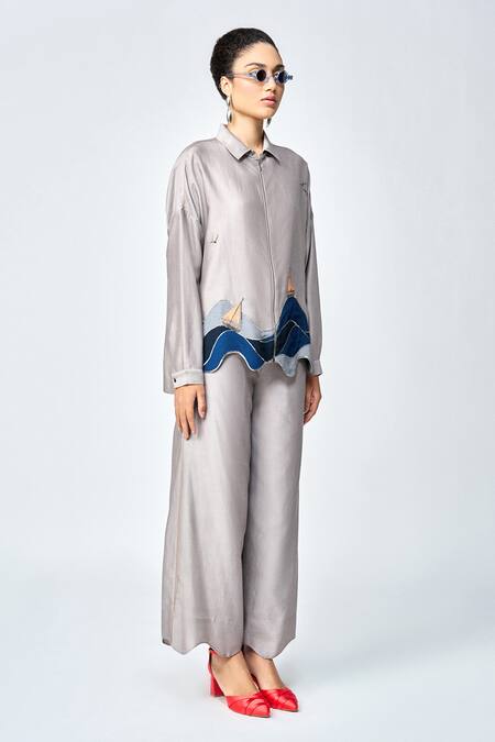 Shop Shahin Mannan Grey Silk, Chanderi Applique Collared Wave And Boat Work Shirt With Pant Online at Aza Fashions Shop_Shahin Mannan_Grey Silk, Chanderi Applique Collared Wave And Boat Work Shirt With Pant _Online_at_Aza_Fashions
