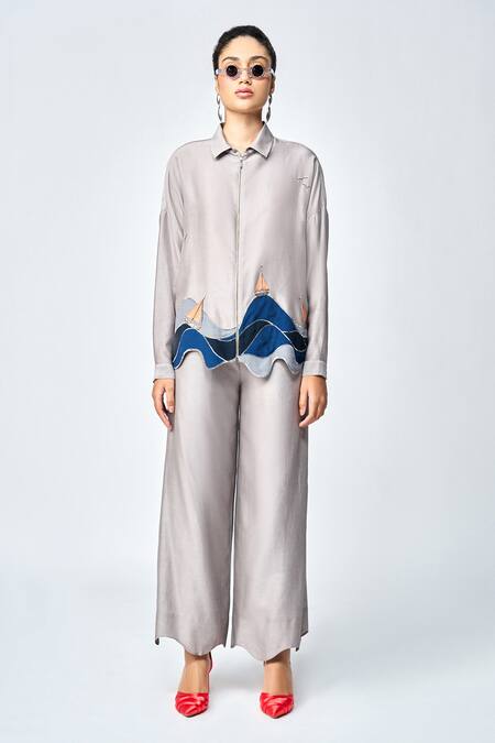 Shahin Mannan Grey Silk, Chanderi Applique Collared Wave And Boat Work Shirt Online at Aza Fashions Shahin Mannan_Grey Silk, Chanderi Applique Collared Wave And Boat Work Shirt _Online_at_Aza_Fashions
