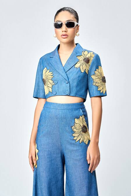 Buy Shahin Mannan Blue Denim Embroidery Collared Daisy Cropped Jacket Top With Pant Buy_Shahin Mannan_Blue Denim Embroidery Collared Daisy Cropped Jacket Top With Pant