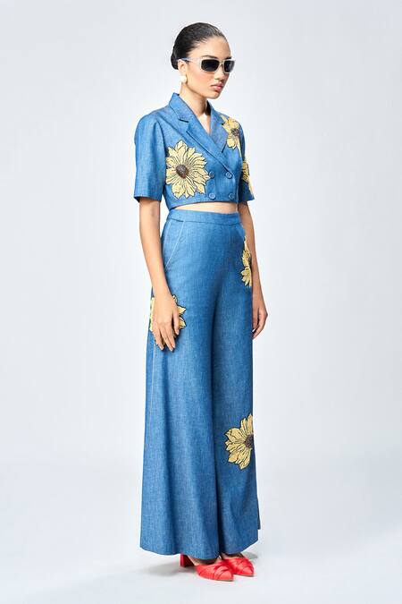 Shop Shahin Mannan Blue Denim Embroidery, Beads Collared Daisy Cropped Jacket Top Online at Aza Fashions Shop_Shahin Mannan_Blue Denim Embroidery, Beads Collared Daisy Cropped Jacket Top _Online_at_Aza_Fashions