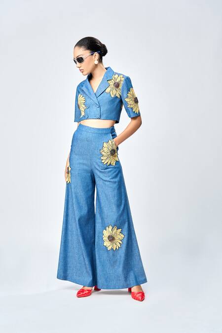 Shahin Mannan Blue Denim Embroidery, Beads Daisy Flared Pant Online at Aza Fashions Shahin Mannan_Blue Denim Embroidery, Beads Daisy Flared Pant _Online_at_Aza_Fashions