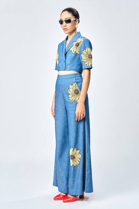Shop Shahin Mannan Blue Denim Embroidery, Beads Daisy Flared Pant Online at Aza Fashions Shop_Shahin Mannan_Blue Denim Embroidery, Beads Daisy Flared Pant _Online_at_Aza_Fashions