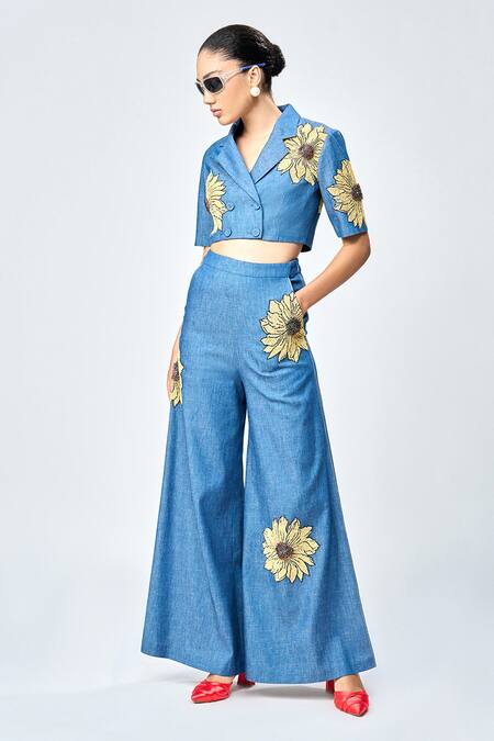 Buy Shahin Mannan Blue Denim Embroidery, Beads Daisy Flared Pant Buy_Shahin Mannan_Blue Denim Embroidery, Beads Daisy Flared Pant