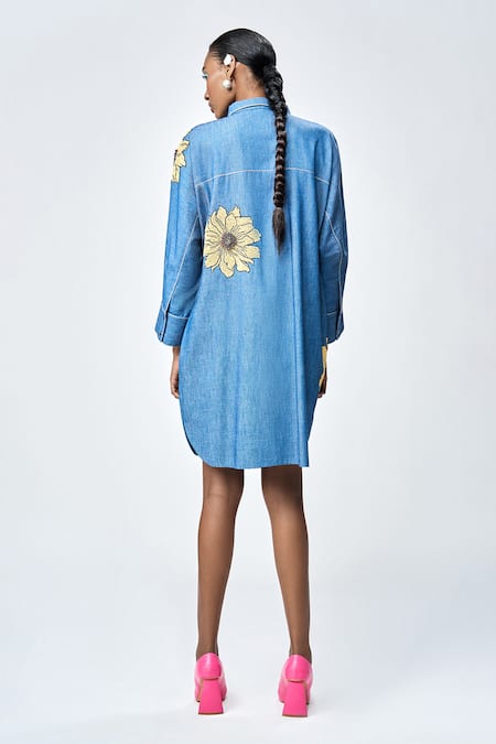 Shop Shahin Mannan Blue Denim Embroidery, Beads Shawl Neck Daisy Shirt Dress at Aza Fashions Shop_Shahin Mannan_Blue Denim Embroidery, Beads Shawl Neck Daisy Shirt Dress _at_Aza_Fashions