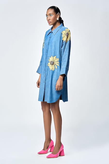 Shahin Mannan Blue Denim Embroidery, Beads Shawl Neck Daisy Shirt Dress Online at Aza Fashions Shahin Mannan_Blue Denim Embroidery, Beads Shawl Neck Daisy Shirt Dress _Online_at_Aza_Fashions