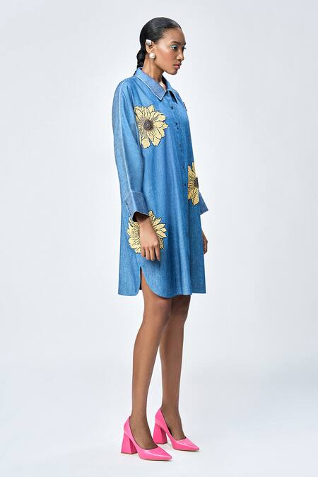 Buy Shahin Mannan Blue Denim Embroidery, Beads Shawl Neck Daisy Shirt Dress Online at Aza Fashions Buy_Shahin Mannan_Blue Denim Embroidery, Beads Shawl Neck Daisy Shirt Dress _Online_at_Aza_Fashions