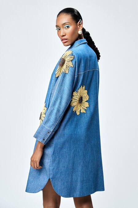 Shop Shahin Mannan Blue Denim Embroidery, Beads Shawl Neck Daisy Shirt Dress Online at Aza Fashions Shop_Shahin Mannan_Blue Denim Embroidery, Beads Shawl Neck Daisy Shirt Dress _Online_at_Aza_Fashions