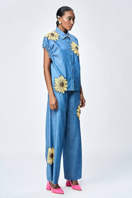 Shop Shahin Mannan Blue Denim Beads, Embroidery Daisy Shirt With Pant Online at Aza Fashions Shop_Shahin Mannan_Blue Denim Beads, Embroidery Daisy Shirt With Pant _Online_at_Aza_Fashions