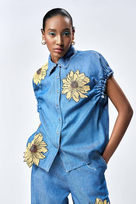 Shahin Mannan Blue Denim Beads, Embroidery Daisy Shirt With Pant at Aza Fashions Shahin Mannan_Blue Denim Beads, Embroidery Daisy Shirt With Pant _at_Aza_Fashions