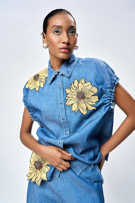 Buy Shahin Mannan Blue Denim Beads, Embroidery Daisy Shirt With Pant Buy_Shahin Mannan_Blue Denim Beads, Embroidery Daisy Shirt With Pant