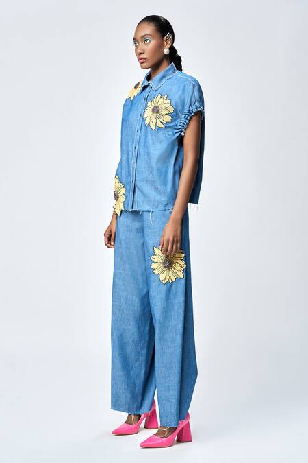 Buy Shahin Mannan Blue Denim Beads Daisy Embroidered Pant Online at Aza Fashions Buy_Shahin Mannan_Blue Denim Beads Daisy Embroidered Pant _Online_at_Aza_Fashions