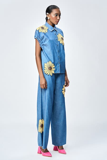 Shop Shahin Mannan Blue Denim Beads Daisy Embroidered Pant Online at Aza Fashions Shop_Shahin Mannan_Blue Denim Beads Daisy Embroidered Pant _Online_at_Aza_Fashions