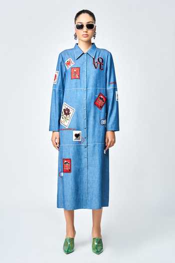 Shahin Mannan_Blue Denim Embroidery Shawl Neck Stamp Patch Tiered Shirt Dress _Online_at_Aza_Fashions
