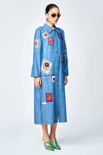 Buy_Shahin Mannan_Blue Denim Embroidery Shawl Neck Stamp Patch Tiered Shirt Dress _Online_at_Aza_Fashions