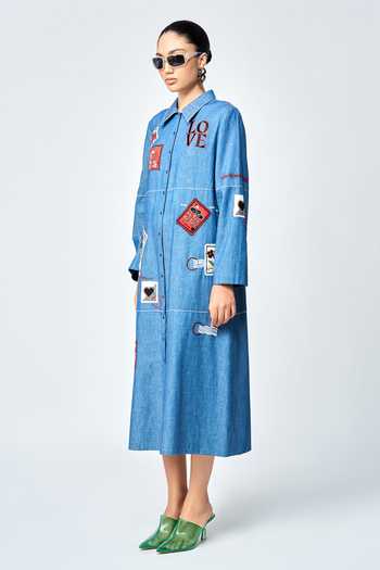 Shop_Shahin Mannan_Blue Denim Embroidery Shawl Neck Stamp Patch Tiered Shirt Dress _Online_at_Aza_Fashions