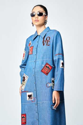Shahin Mannan_Blue Denim Embroidery Shawl Neck Stamp Patch Tiered Shirt Dress _at_Aza_Fashions