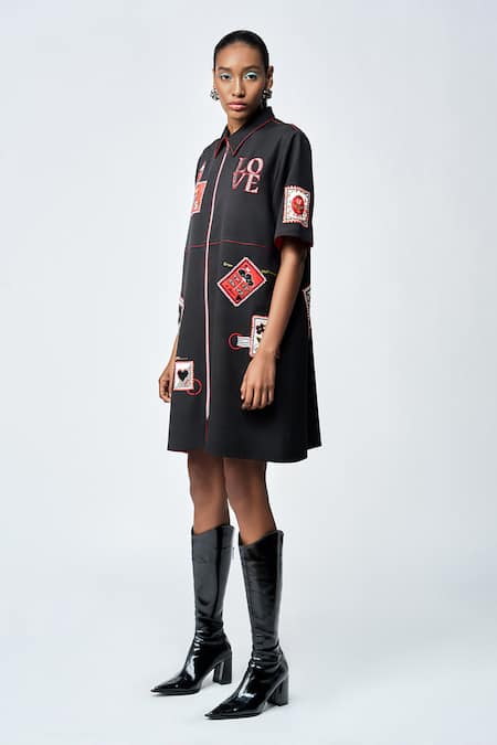 Buy_Shahin Mannan_Black Crepe Embroidery Shawl Neck Stamp Patch Shift Dress _Online_at_Aza_Fashions