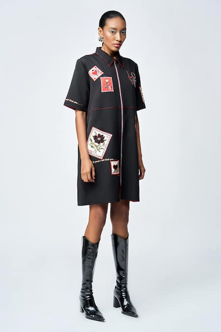 Shop_Shahin Mannan_Black Crepe Embroidery Shawl Neck Stamp Patch Shift Dress _Online_at_Aza_Fashions