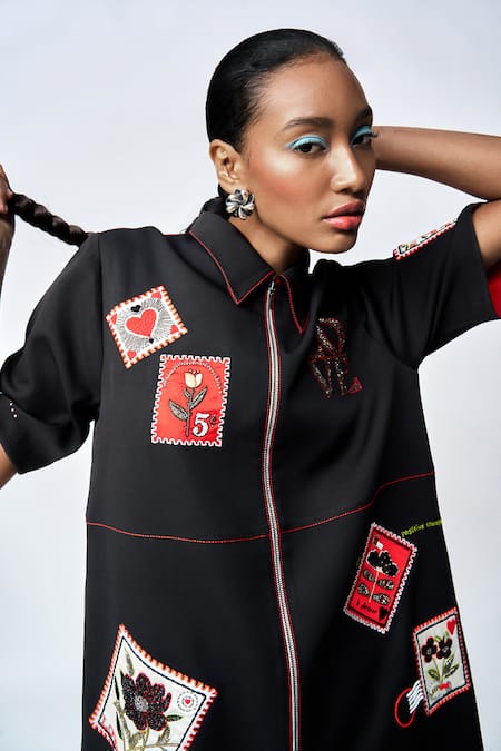 Shahin Mannan_Black Crepe Embroidery Shawl Neck Stamp Patch Shift Dress _at_Aza_Fashions