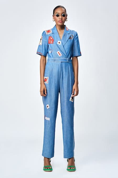 Shahin Mannan Blue Denim Collared Stamp Patch Jumpsuit 