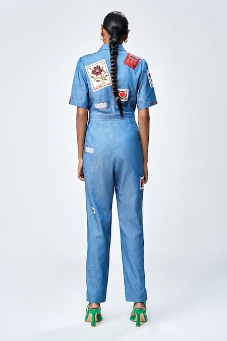Shop_Shahin Mannan_Blue Denim Collared Stamp Patch Jumpsuit _at_Aza_Fashions