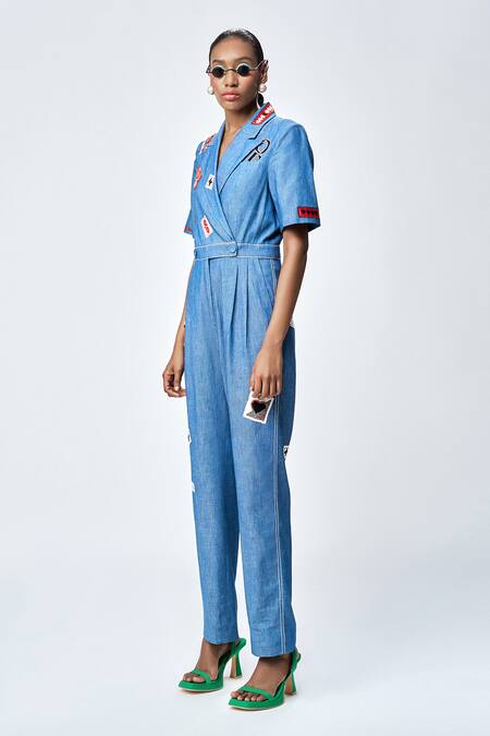 Shahin Mannan_Blue Denim Collared Stamp Patch Jumpsuit _Online_at_Aza_Fashions