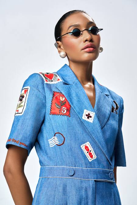 Shop_Shahin Mannan_Blue Denim Collared Stamp Patch Jumpsuit _Online_at_Aza_Fashions