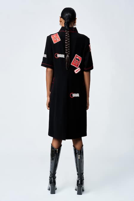 Shop Shahin Mannan Black Crepe Embroidery Shawl Neck Panelled Stamp Patch Shift Dress at Aza Fashions Shop_Shahin Mannan_Black Crepe Embroidery Shawl Neck Panelled Stamp Patch Shift Dress _at_Aza_Fashions