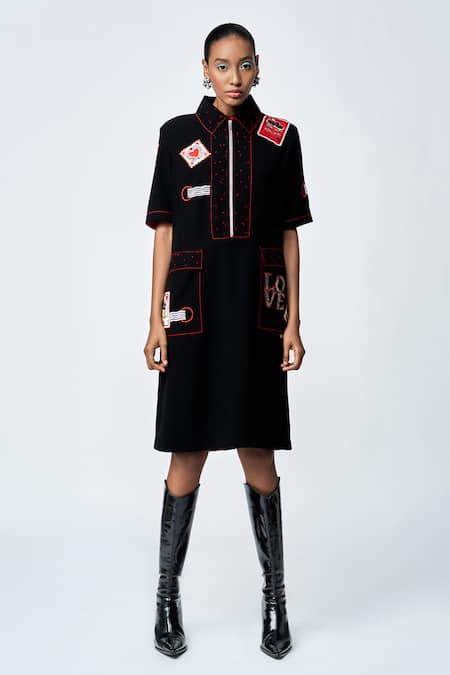 Shahin Mannan Black Crepe Embroidery Shawl Neck Panelled Stamp Patch Shift Dress Online at Aza Fashions Shahin Mannan_Black Crepe Embroidery Shawl Neck Panelled Stamp Patch Shift Dress _Online_at_Aza_Fashions