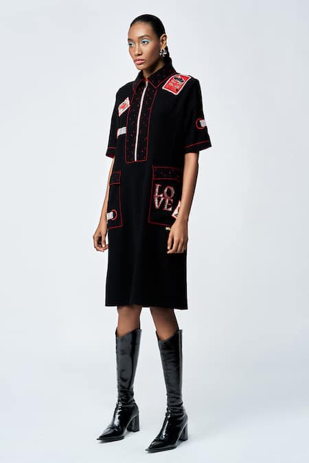 Buy Shahin Mannan Black Crepe Embroidery Shawl Neck Panelled Stamp Patch Shift Dress Online at Aza Fashions Buy_Shahin Mannan_Black Crepe Embroidery Shawl Neck Panelled Stamp Patch Shift Dress _Online_at_Aza_Fashions