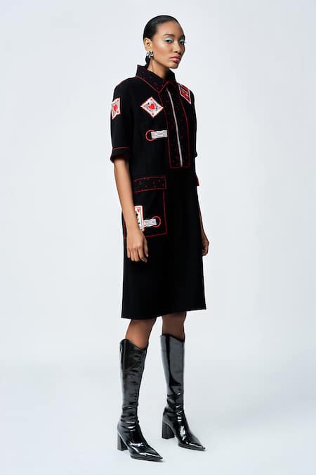 Shop Shahin Mannan Black Crepe Embroidery Shawl Neck Panelled Stamp Patch Shift Dress Online at Aza Fashions Shop_Shahin Mannan_Black Crepe Embroidery Shawl Neck Panelled Stamp Patch Shift Dress _Online_at_Aza_Fashions